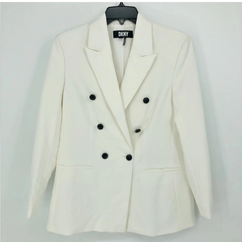 DKNY‎ Women’s Peak Lapel Double Breasted Blazer SZ Small White Mid Length Formal